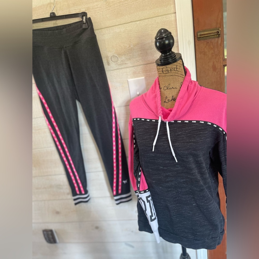 Victoria’s Secret PINK black/pink striped logo pullover & yoga pants set small